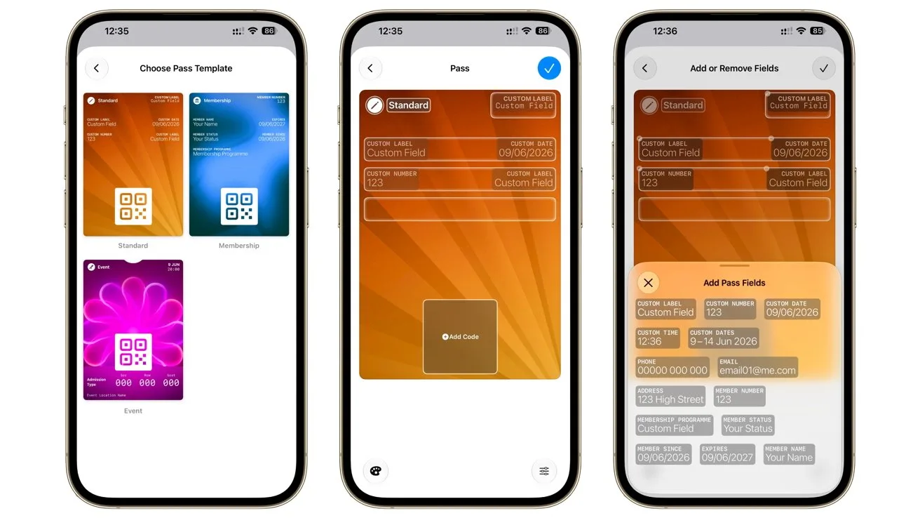 Three smartphone screens show a digital wallet app interface, selecting a pass template, customizing a bright orange payment card design, and adding or removing labeled information fields.