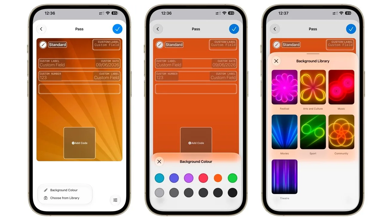 Three smartphone screens showing an app for customizing digital passes, with orange backgrounds, color options, and a gallery of vibrant abstract patterns like flowers and glowing lines for background selection