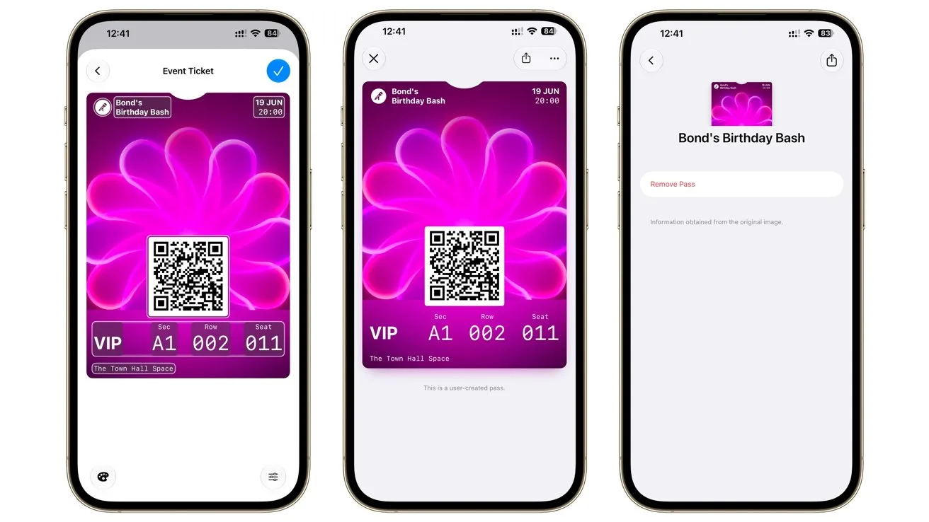 Three smartphone screens displaying a digital event ticket for Bond's Birthday Bash with bright pink background, VIP label, QR code, and ticket details, plus a summary screen showing ticket information