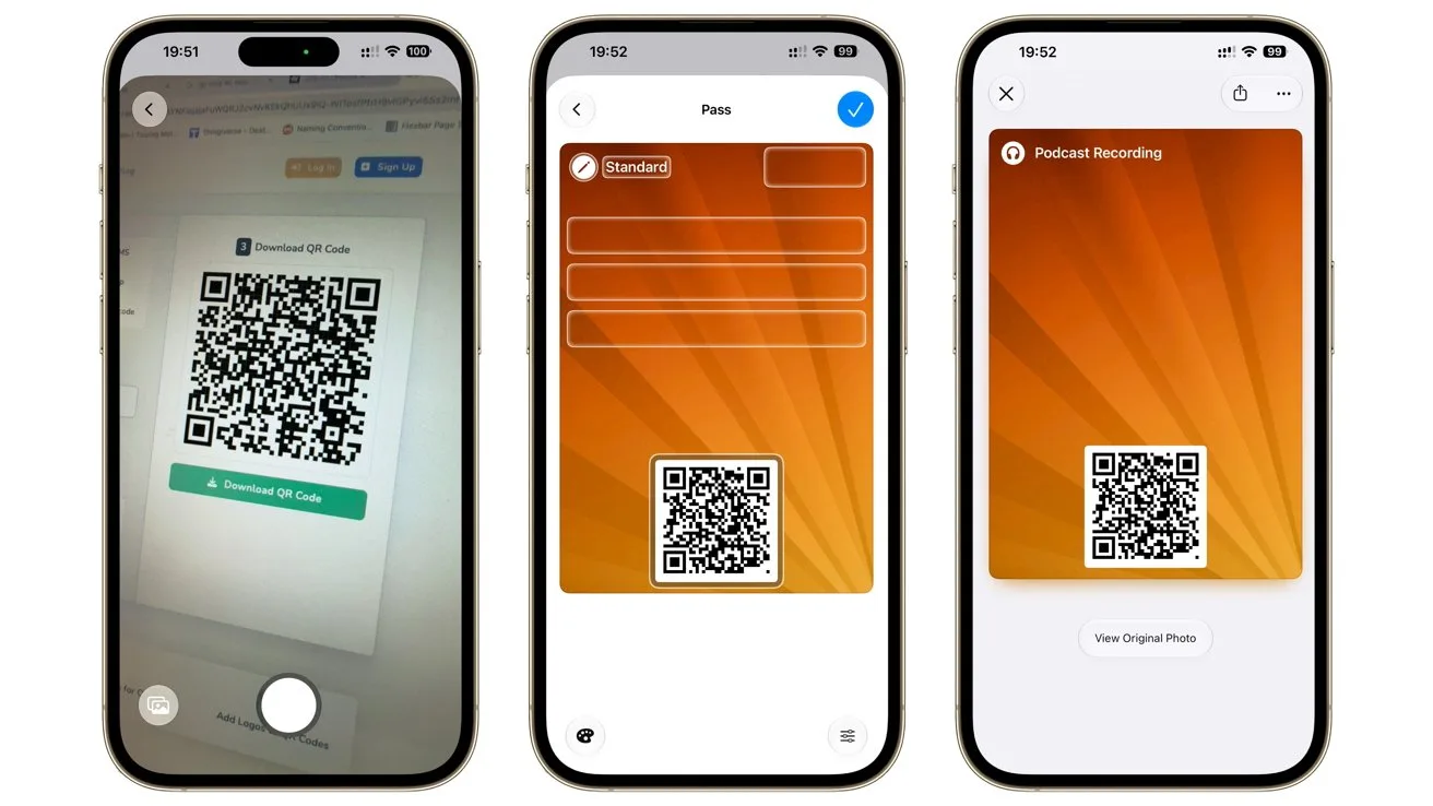 Three smartphone screens show scanning a QR code, then saving it as an orange digital pass, and finally displaying the pass with the QR code centered on a gradient orange background
