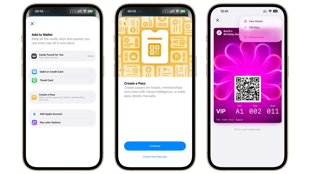 Three smartphone screens show adding a pass to a digital wallet, creating a QR code pass, and a colorful VIP event ticket with QR code and seat details.