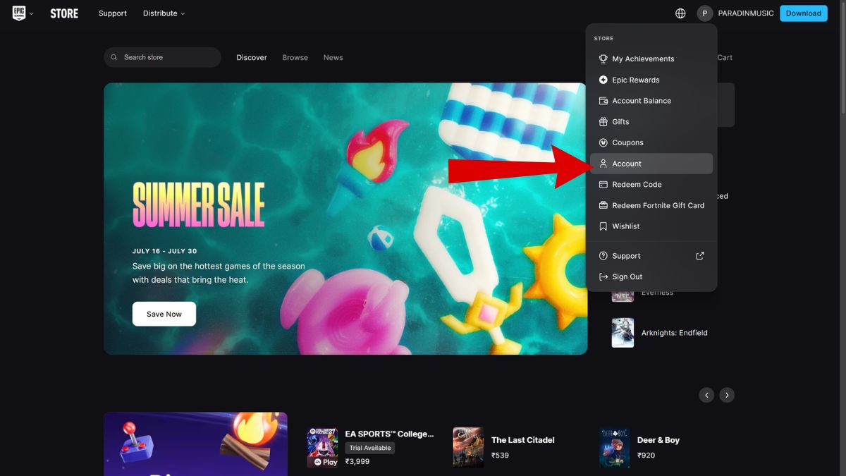 Epic Games Store website with the Account settings highlighted with a red arrow