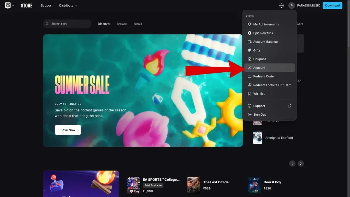 Epic Games Store website with the Account settings highlighted with a red arrow