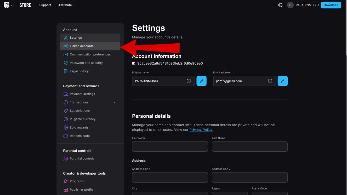 Epic Games Store Account settings with the Linked Accounts section marked with a red arrow
