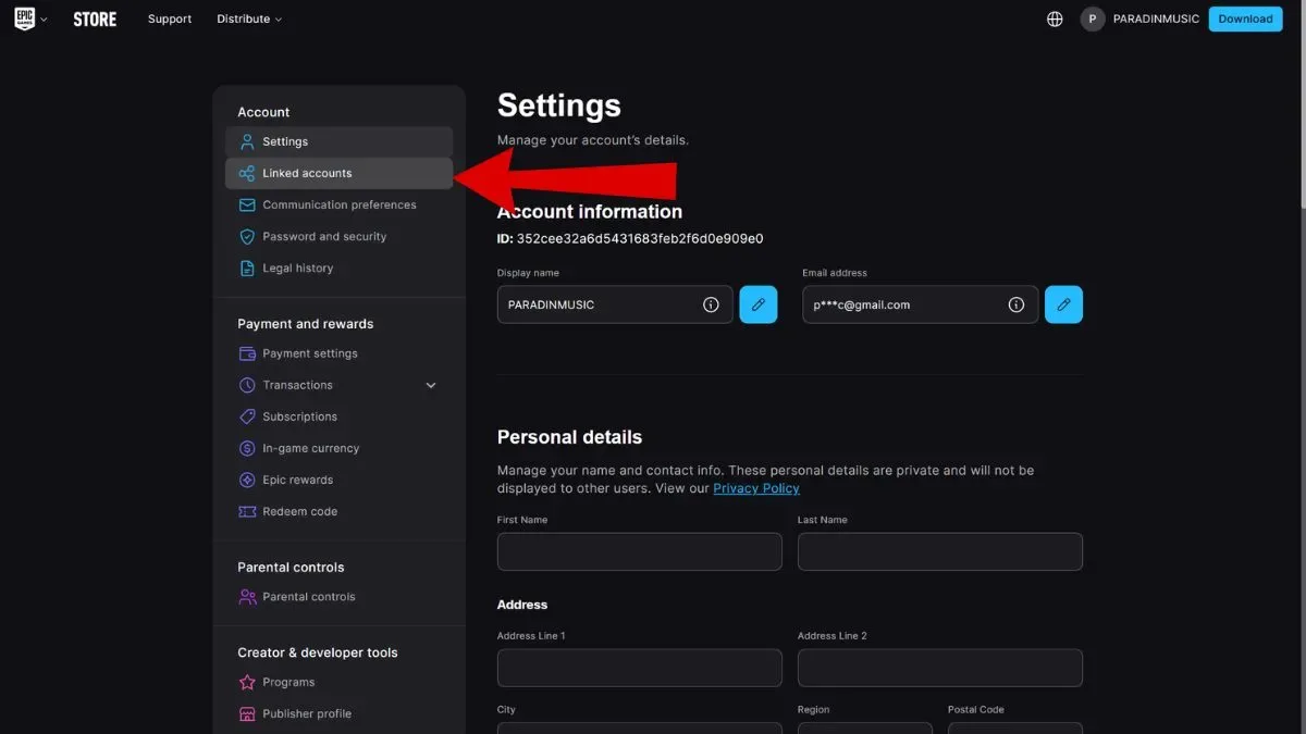 Epic Games Store Account settings with the Linked Accounts section marked with a red arrow
