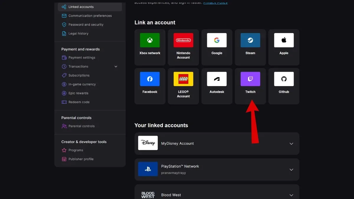 Epic Games Store Linked Accounts section with the Twitch icon marked with a red arrow
