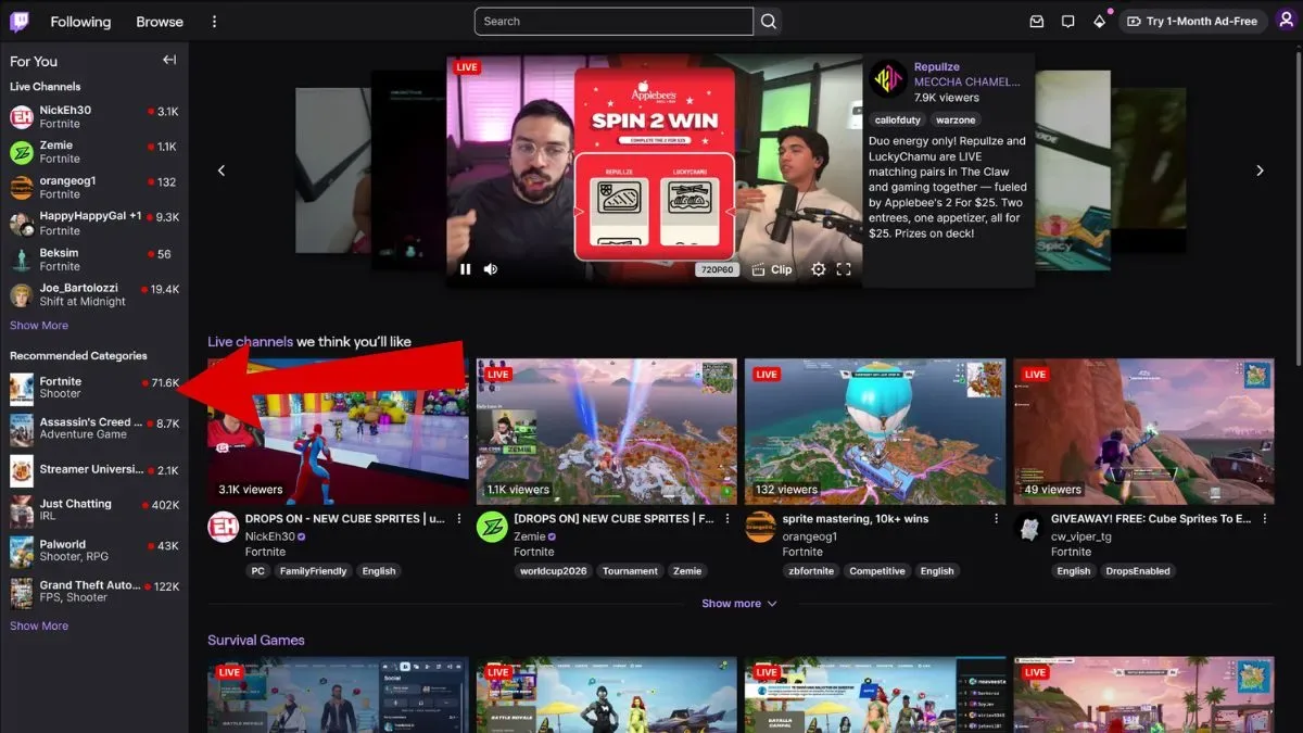 Twitch page with the Fortnite category marked with a red arrow