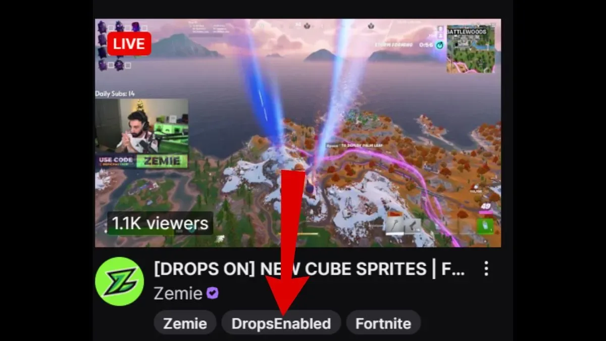 Twitch stream with the Drops Enabled tag marked with a red arrow