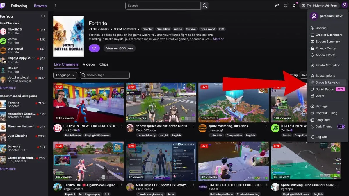 Twitch Drops & Rewards menu highlighted with a red arrow
