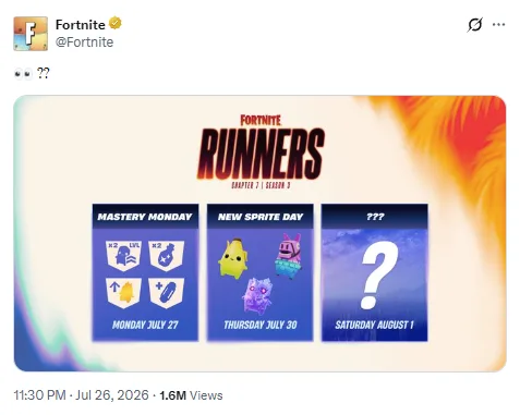 Fortnite X account tweet showing new sprites, mastery monday, and more content in update 41.3