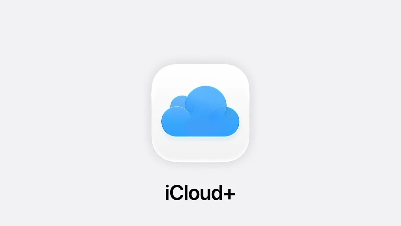 Blue cloud icon on a rounded white square with soft shadow, centered above the text iCloud+ on a light gray background