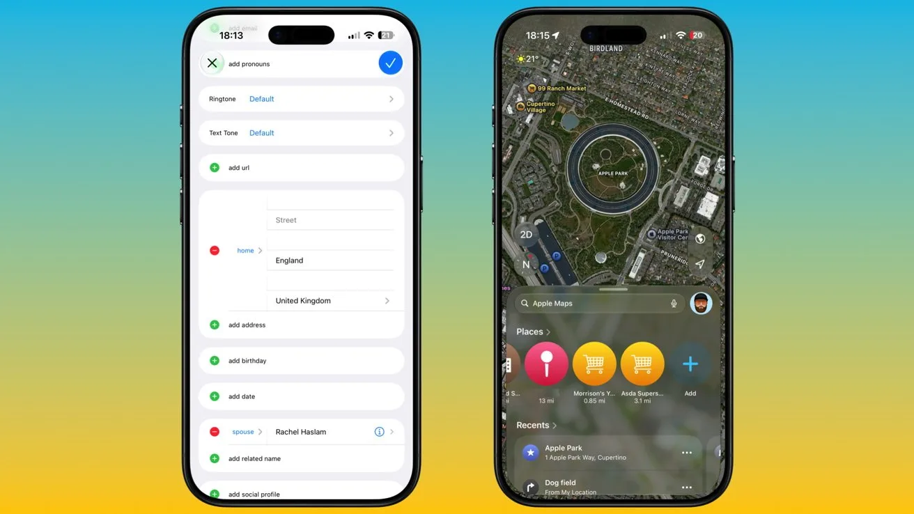 Two smartphones side by side; left shows a settings-style screen with lists and colored icons, right displays a satellite map with a circular route around a park and location markers
