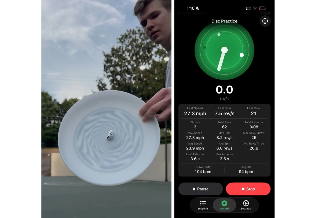 Young man outdoors holds a white disc with a small sensor attached, beside a smartphone screen showing a disc practice tracking app with speed, spin, and throw statistics