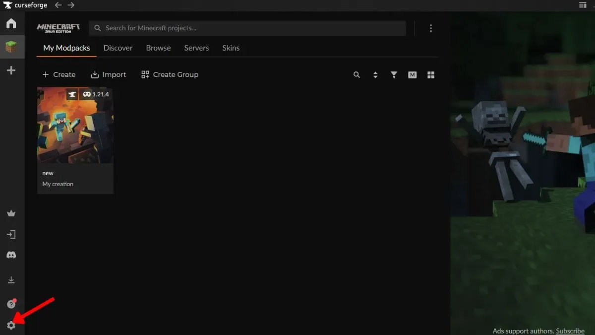 Click on the Settings to change the allocated RAM on CurseForge