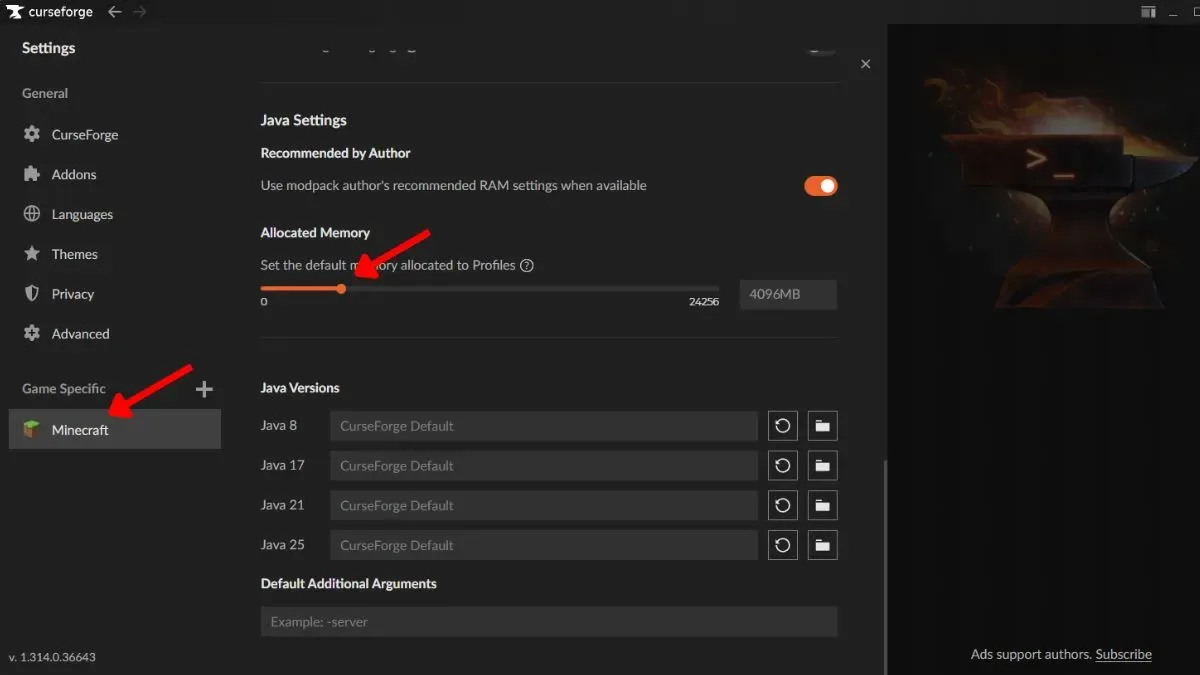 How to allocate more RAM to Minecraft in CurseForge