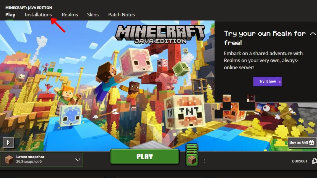 Open Installation tab in Minecraft launcher
