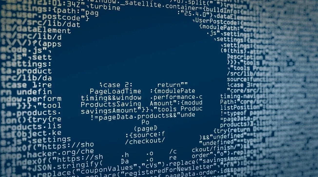 Blue digital skull silhouette formed by dense white computer code on a dark background, symbolizing hacking, malware, or cybersecurity threats in a stylized, abstract way