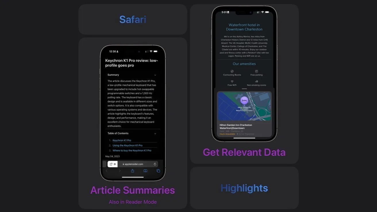 Two smartphones displaying Safari webpages on dark mode, demonstrating article summaries, relevant data cards, and highlights, with labels Safari, Article Summaries, Get Relevant Data, and Highlights on a dark background