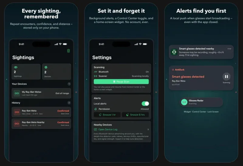 Three phone screens show an app interface for detecting smart glasses, displaying sightings, settings with scanning options, and alerts for nearby devices. Dark theme with green highlights and toggle switches.