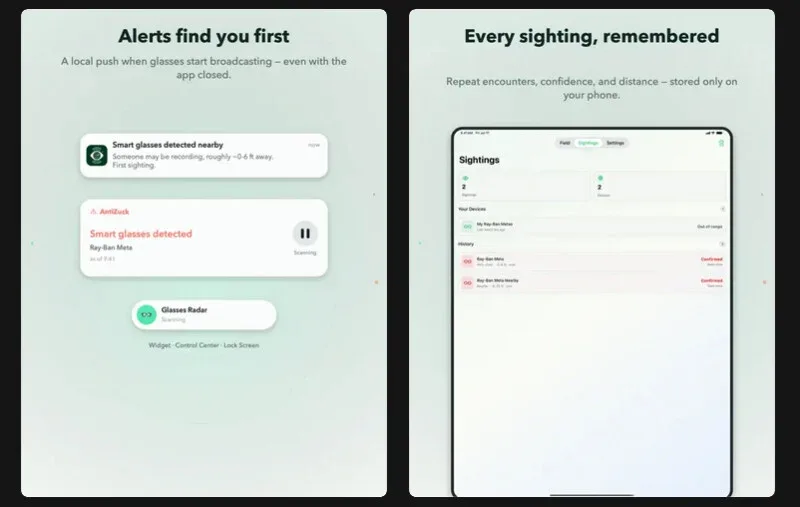 A phone displays alerts about detected smart glasses nearby; a tablet shows a list of tracked sightings, including location, time, and device details, on a light green interface.