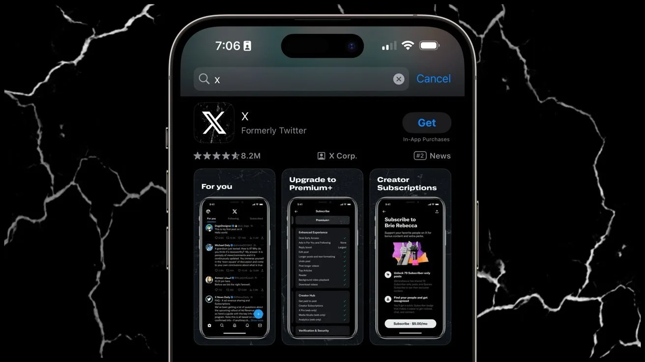 Close-up of an iPhone displaying the X formerly Twitter App Store page with dark-themed preview screens, set against a black background with white lightning-like cracks