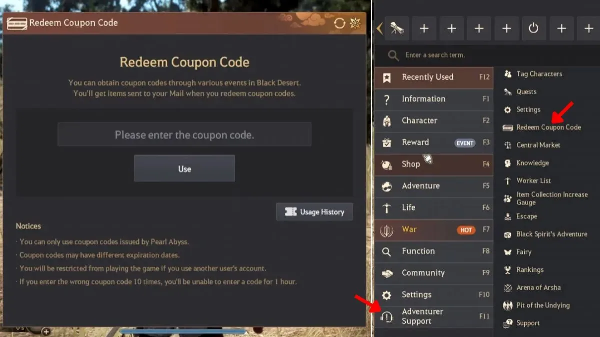 redeem Black Desert Online Codes via game menu