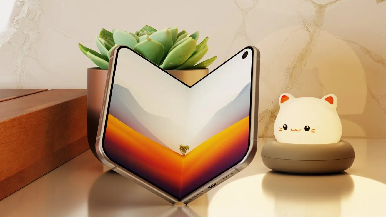 Foldable smartphone standing in a V shape on a desk, displaying a colorful mountain landscape, with a green succulent plant and a glowing cat-shaped night light in the background