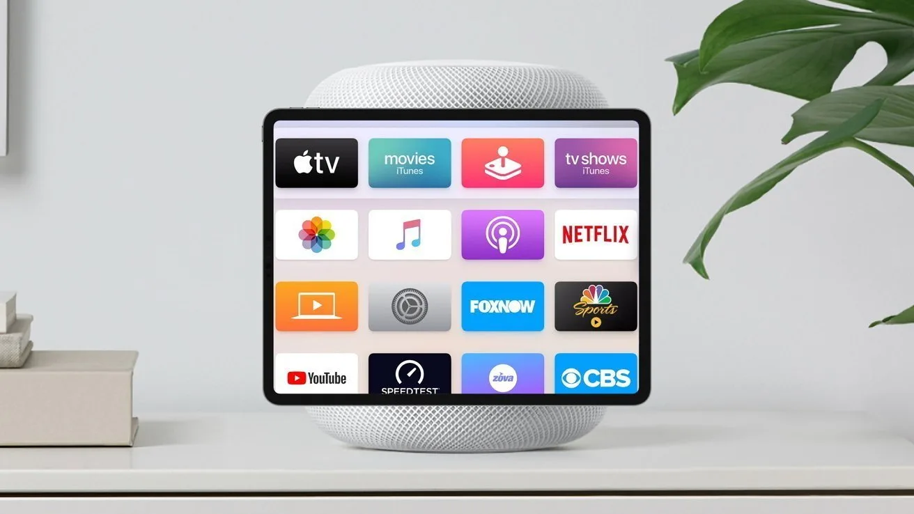 Small smart speaker on a shelf with a tablet-like screen displaying colorful streaming app icons including Apple TV, Netflix, YouTube, CBS, and others, next to a green houseplant