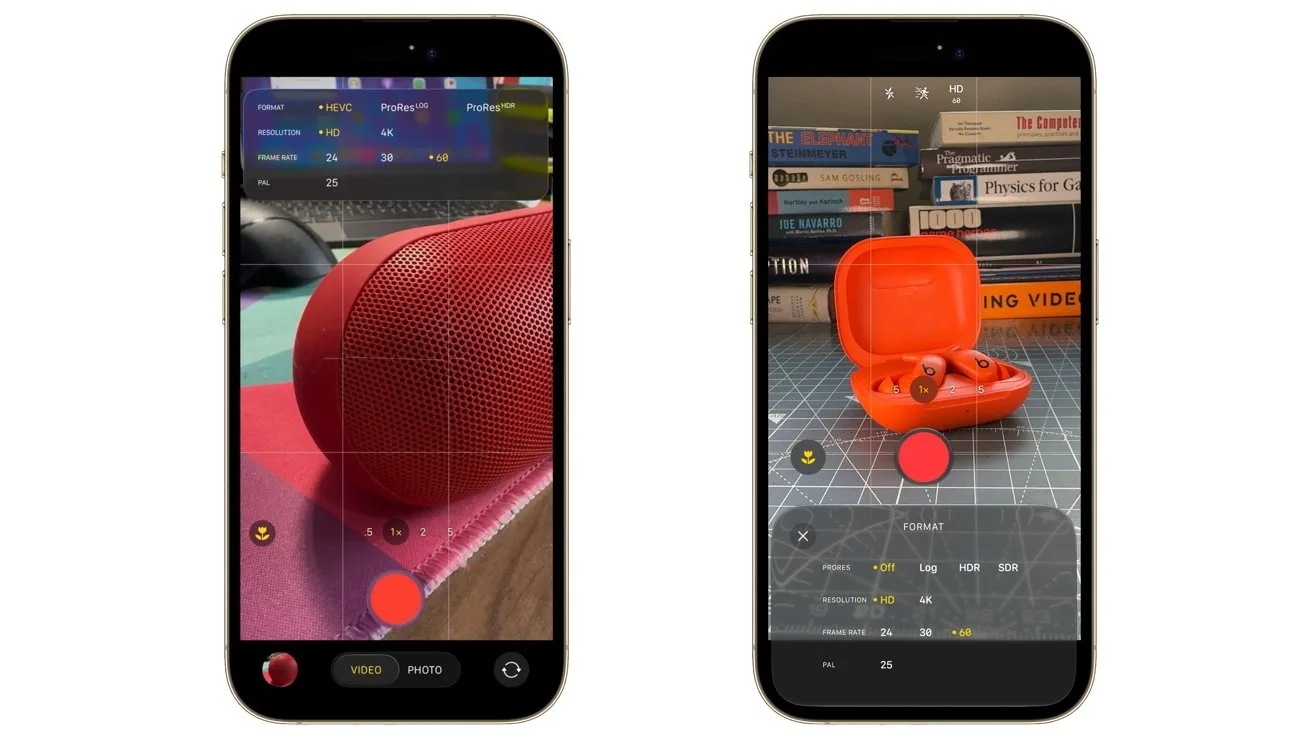 Two smartphones display camera apps focusing on red tech gadgets: a cylindrical speaker on the left and open wireless earbuds case on the right, both framed with grid lines and control icons