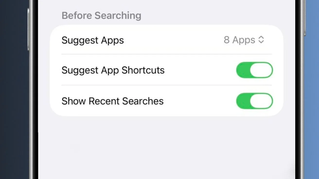iPhone search settings screen showing options Suggest Apps, Suggest App Shortcuts, and Show Recent Searches, with the last two toggled on in green and Suggest Apps showing 8 apps