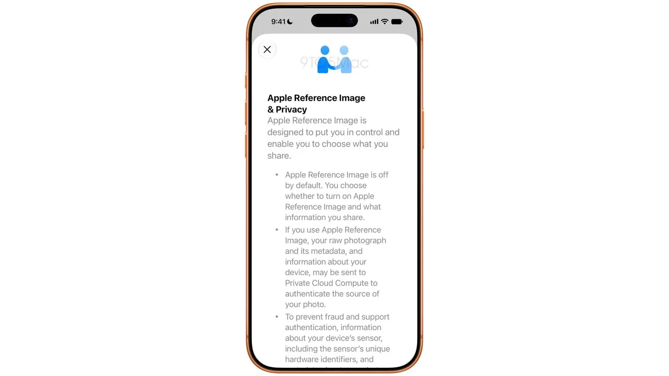 Smartphone screen displaying an Apple Reference Image and Privacy information page with a blue icon of two people at the top and detailed privacy text below