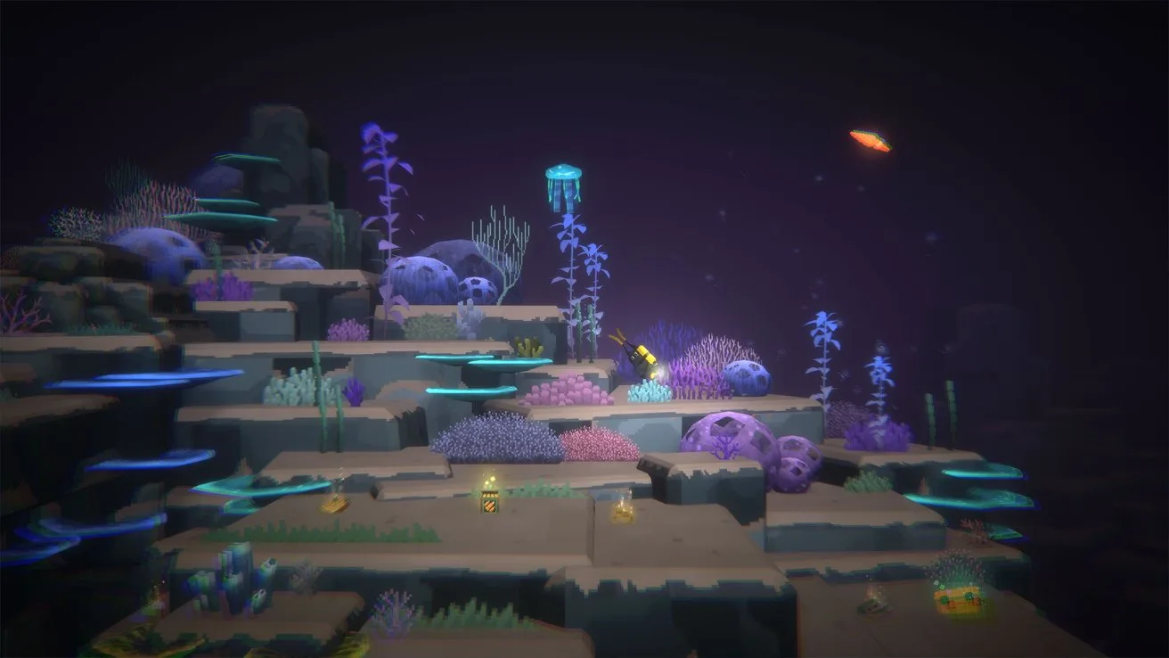 Colorful cartoon-style underwater landscape with glowing corals, rocks, and plants on tiered ledges, tiny yellow sea creatures, a floating jellyfish, and a small orange fish against dark water