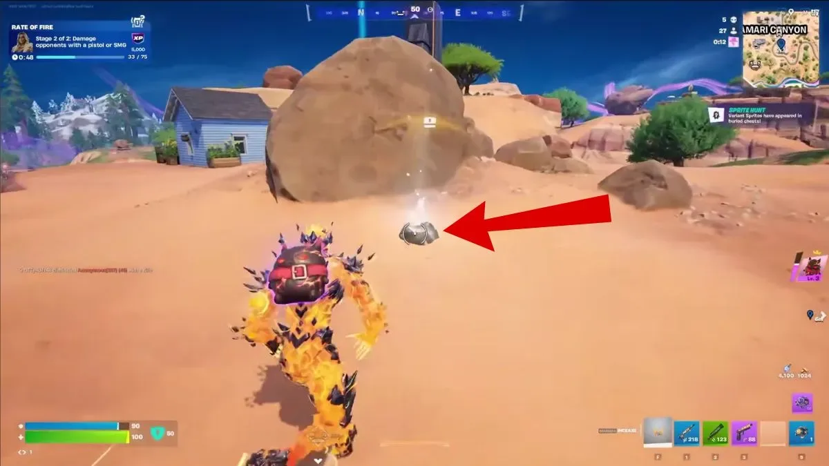 Fortnite player in front of a buried Sprite Chest