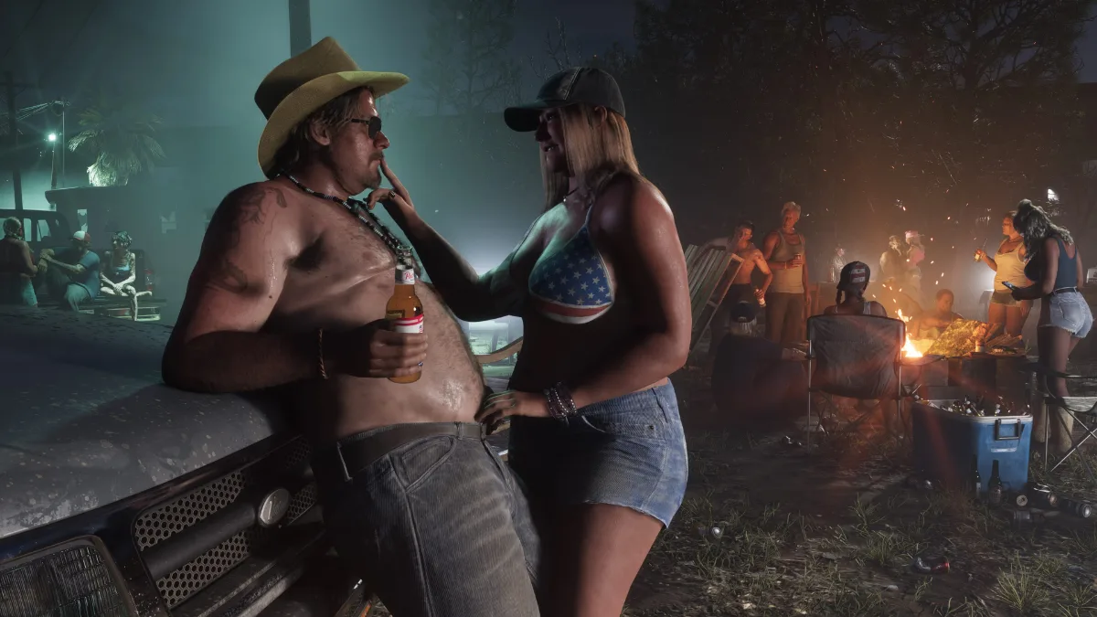 Port Gellhorn nudist town featuring two NPCs flirting in GTA 6.