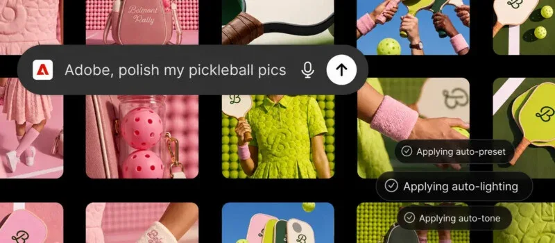 A grid of pickleball-themed images is overlaid with an Adobe search bar and status indicators showing auto-preset, auto-lighting, and auto-tone being applied.