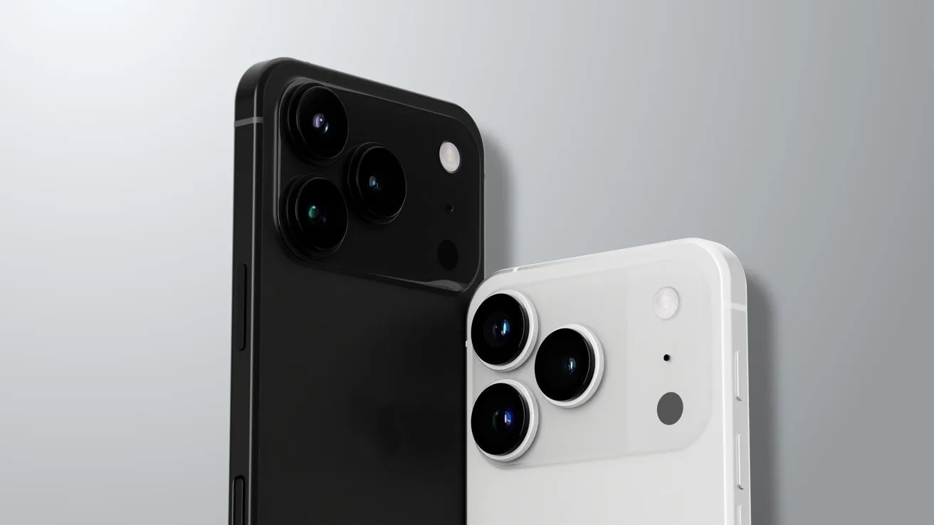 Two modern smartphones, one black and one white, shown from the back, each featuring three large rear cameras with metallic rings on a clean, light gray background