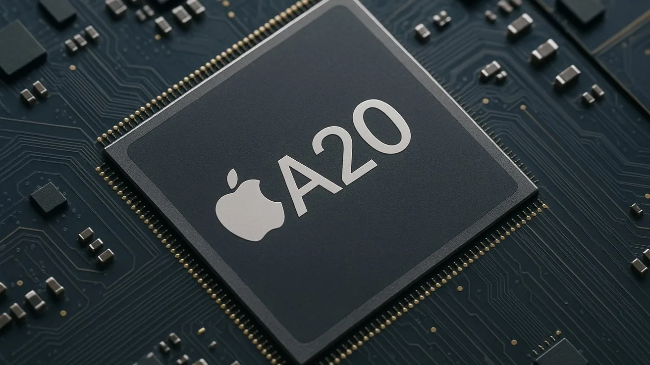 Close-up of an Apple A20 processor chip mounted on a dark circuit board, showing detailed metallic traces and components around the central square chip