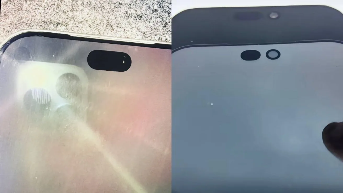 Close-up comparison of two smartphone screens, each showing pill-shaped and circular cutouts near the top for front camera and sensors, one with a reflective surface, the other darker and clearer