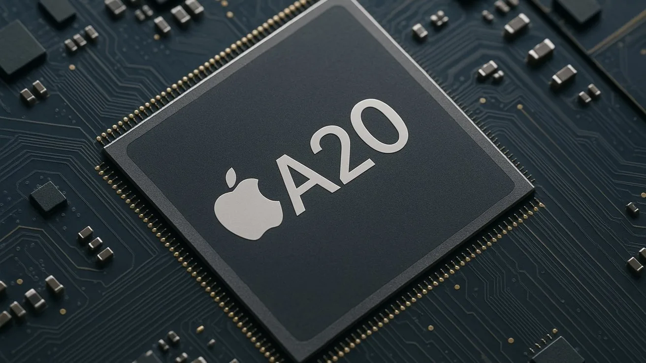 Close-up of an Apple A20 processor chip mounted on a dark blue circuit board, showing metallic contacts and intricate electronic patterns around the central square chip