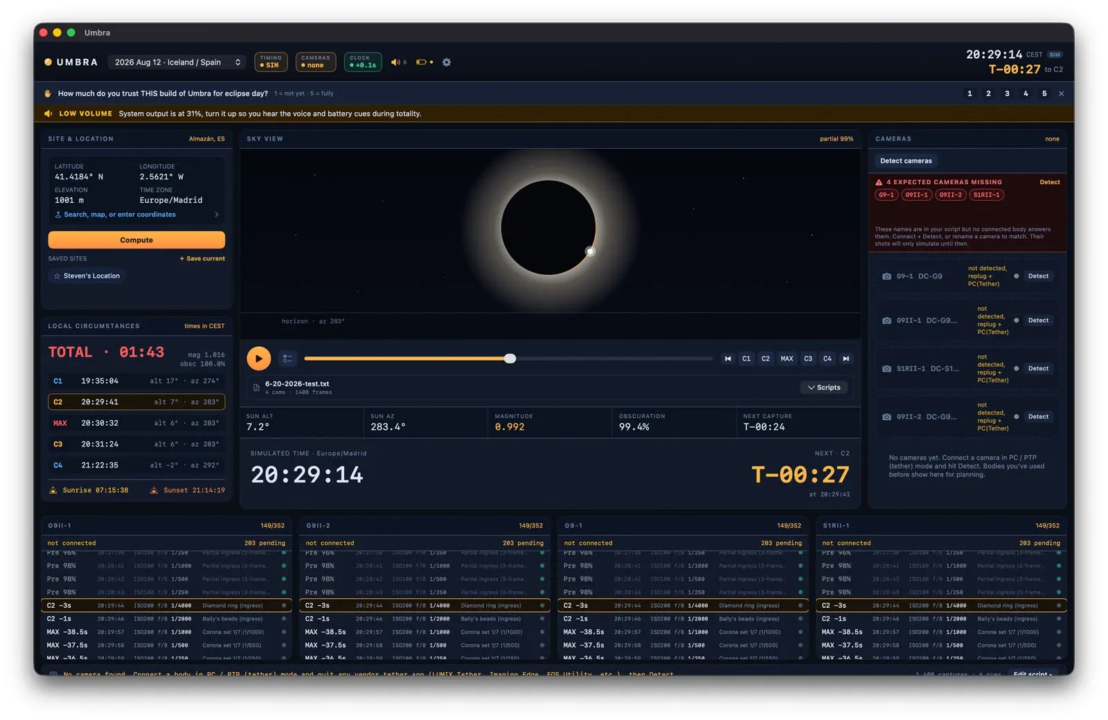 A software interface titled Umbra displays eclipse planning data, including a simulation of a solar eclipse, camera status, and a countdown timer.