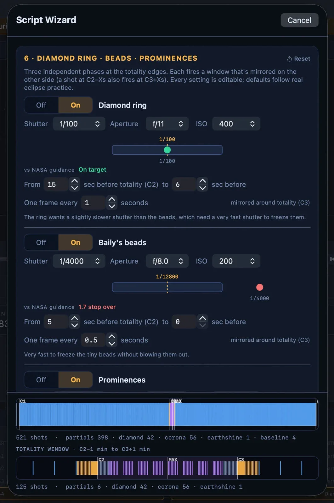 A software interface titled Script Wizard displays settings for capturing solar eclipse phases, including Diamond Ring, Baily's beads, and Prominences.