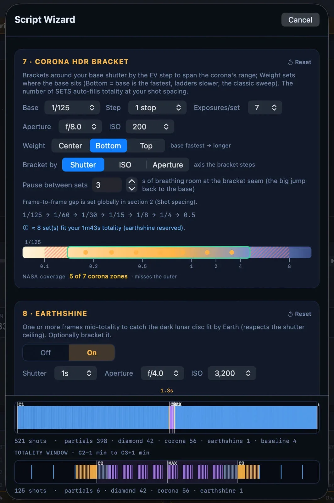 A digital interface titled Script Wizard displays settings for Corona HDR Bracket and Earthshine photography sequences.