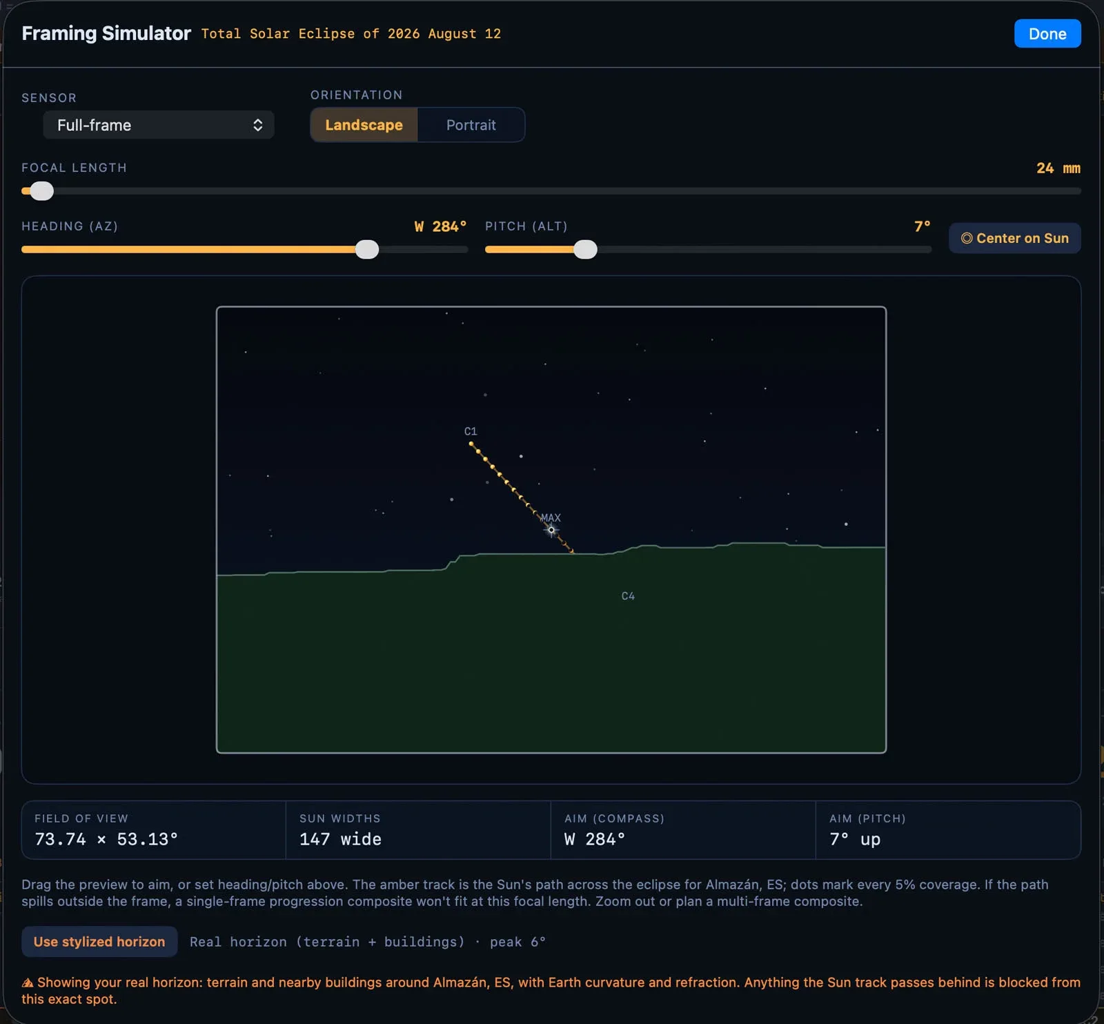 A digital framing simulator interface shows a solar eclipse path across a horizon at 24mm focal length for August 12, 2026.