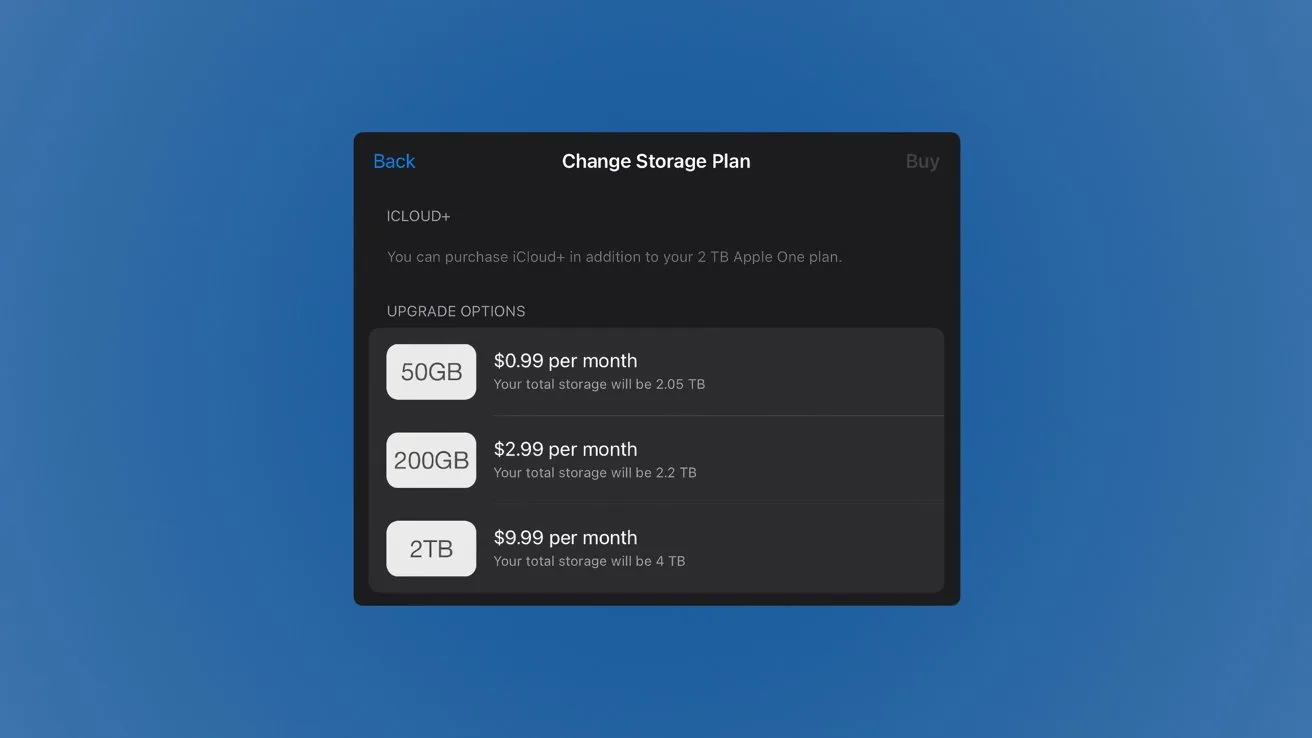 Dark dialog box on blue background showing cloud storage upgrade plans: 50GB for $0.99 per month, 200GB for $2.99 per month, and 2TB for $9.99 per month