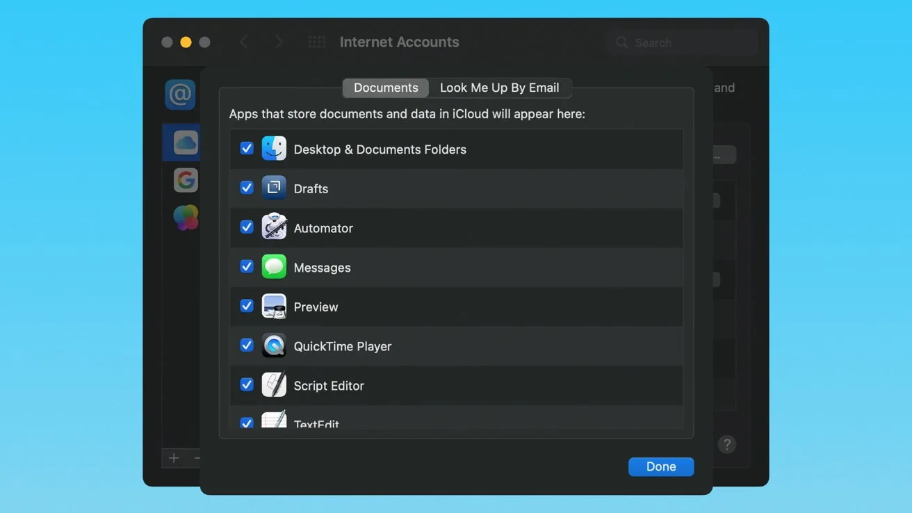 Mac settings window showing Internet Accounts iCloud options, with a list of apps like Desktop & Documents Folders, Drafts, Messages, Preview, and others selected or deselected, over a blue background