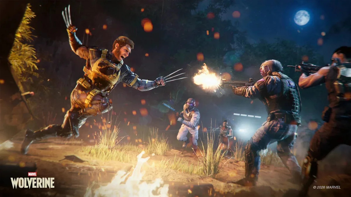 Marvel's Wolverine screenshot featuring Logan lunging at Bolivar Trask's task force.