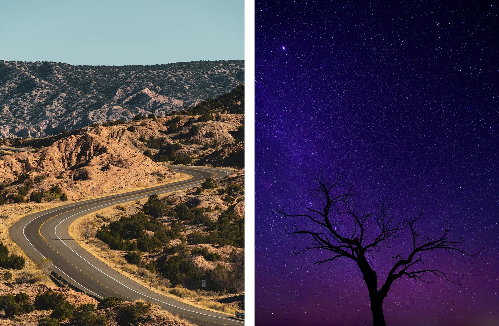 A split image: on the left, a winding road curves through sunlit desert hills; on the right, a silhouette of a leafless tree stands against a deep purple star-filled night sky.