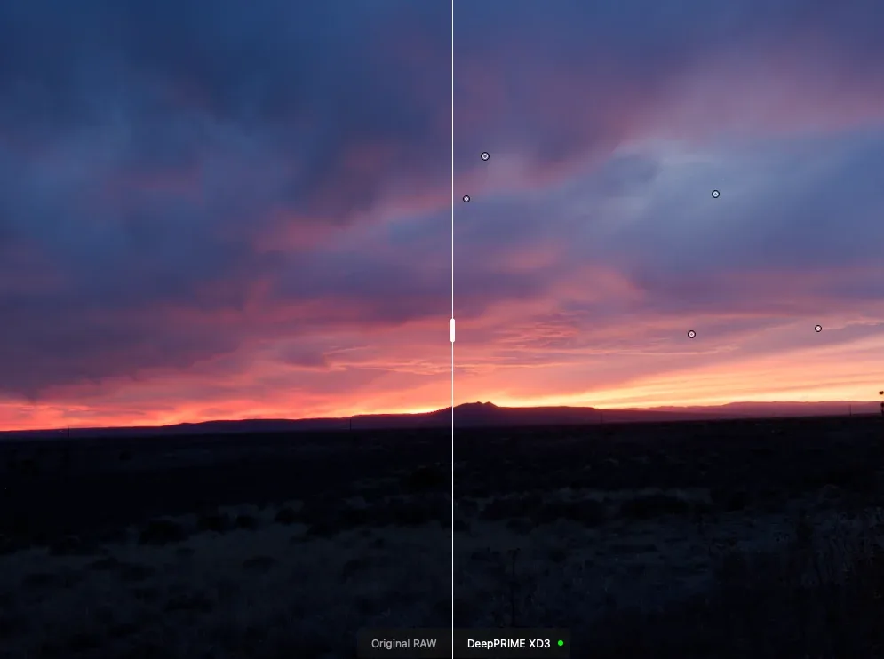 A landscape at sunset is split down the middle; the left side appears darker and less detailed, while the right side is brighter with enhanced colors and clarity, highlighting image processing differences.