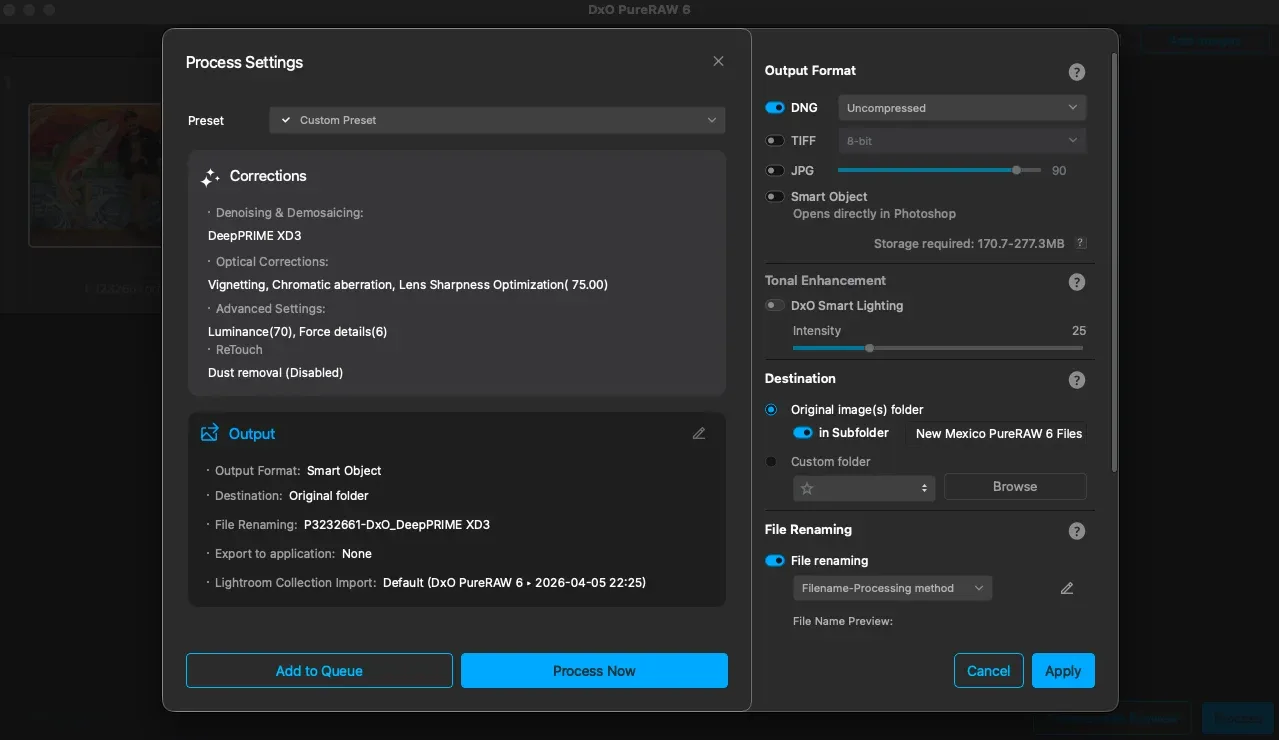 Screenshot of the DxO PureRAW 4 Process Settings window showing options for corrections, output format, destination folder, file renaming, and buttons for processing or applying settings.