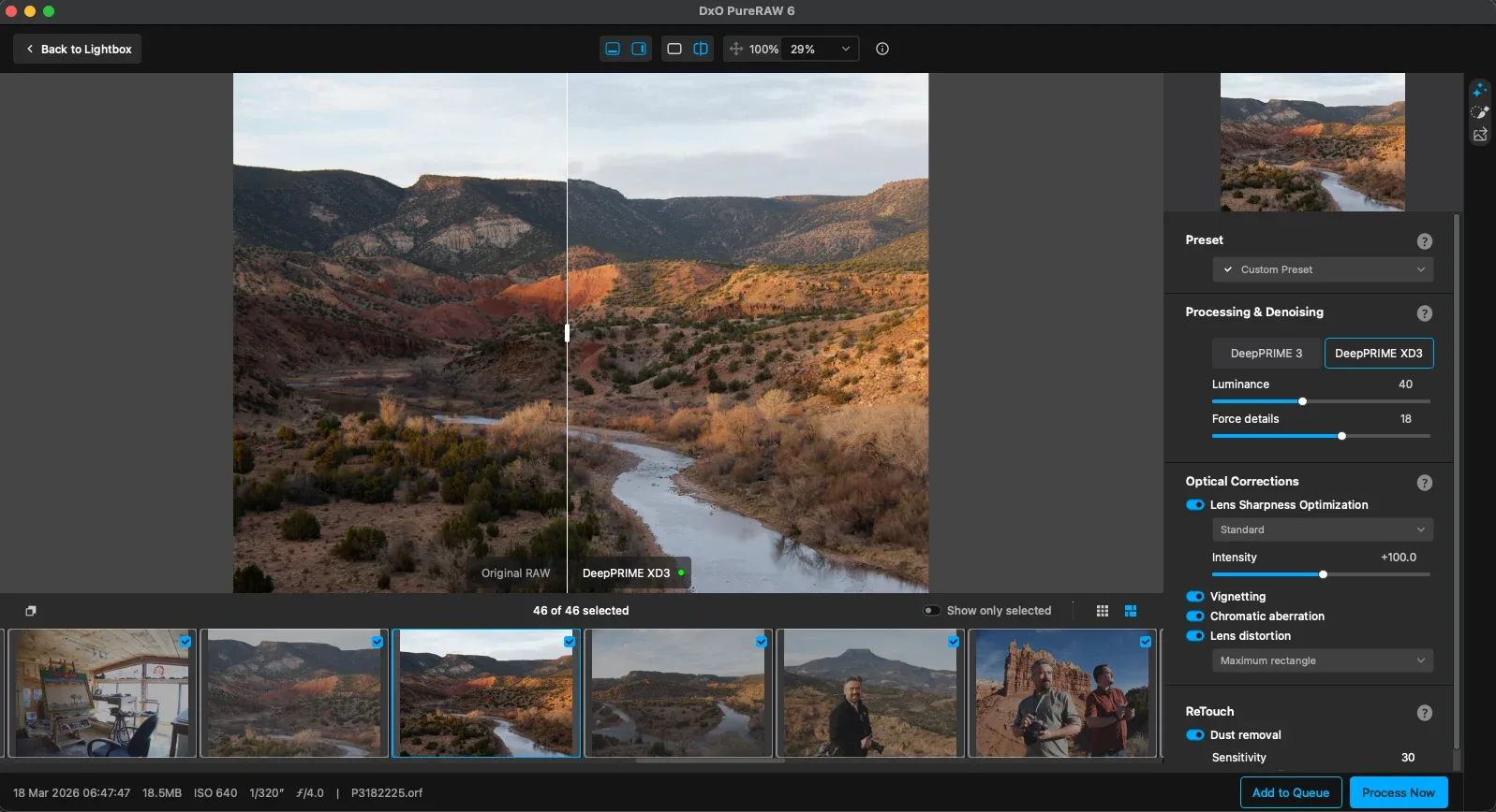 A photo editing software window shows a landscape with mountains and a river. The image is split down the middle; the left side shows the original, the right side shows enhanced colors. Editing controls and photo thumbnails are visible.